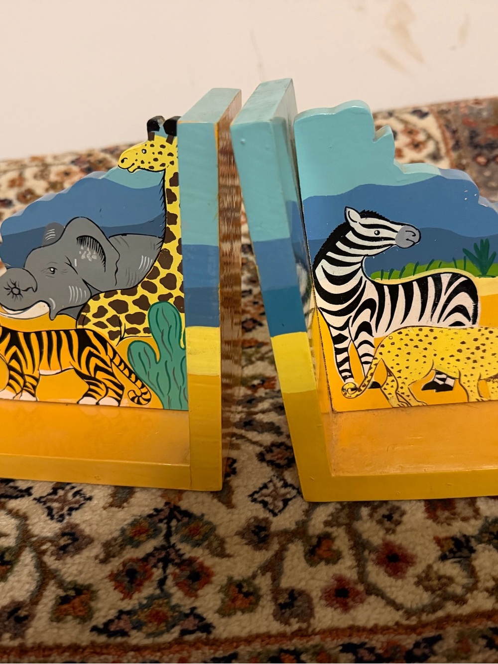 Hand-Painted Safari Animal Bookends in Yellow and Blue